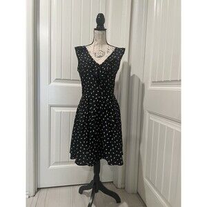 Promod Cotton Fit & Flare Pleated Black & Cream Sleeveless Ruffle Dress 6